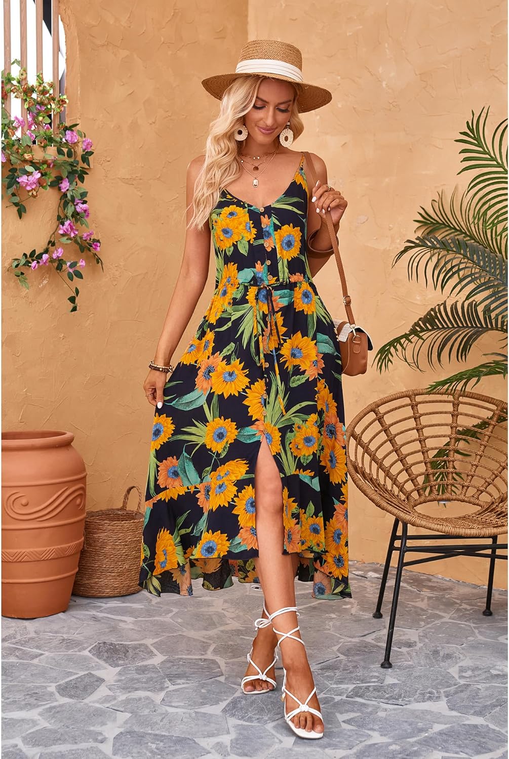 BROVAVE Women's 2024 Summer Casual Boho Sundress Polka Dot Spaghetti Strap V Neck Flowy Midi Dresses