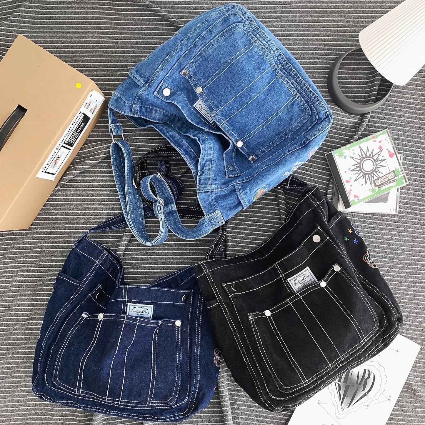 Leaper Denim Tote Bag Denim Shoulder Bag Lightweight Retro Travel Crossbody Hobo Handbag for Women