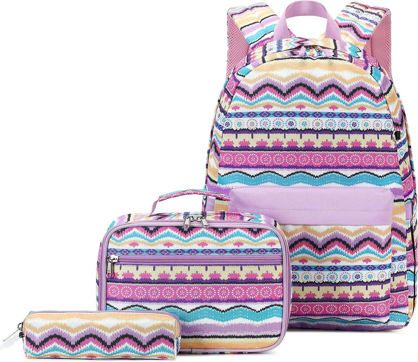 Leaper Geometric Stripe Laptop Backpack Bag Lunch Bag Pencil Bag Set (Black-2116-3)