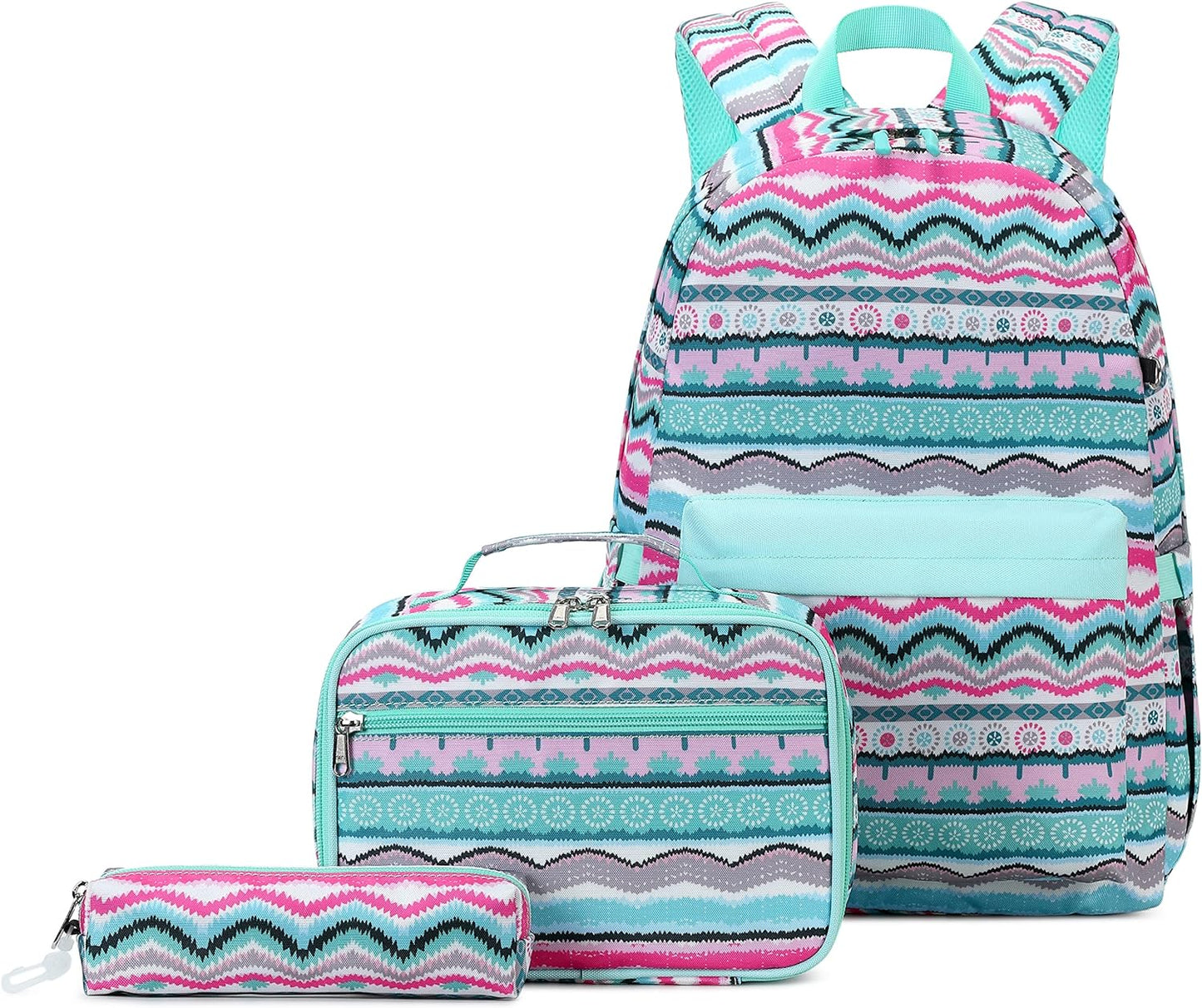 Leaper Geometric Stripe Laptop Backpack Bag Lunch Bag Pencil Bag Set (Black-2116-3)