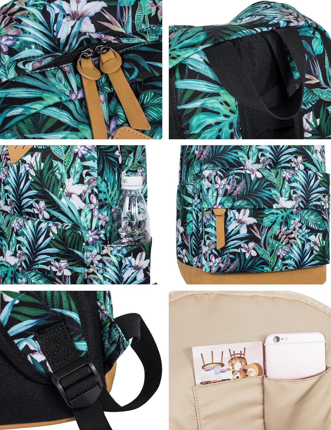 Leaper Girls Cute Floral Canvas Backpack Laptop Backpack Casual Shoulder Bag Satchel Daypack Black
