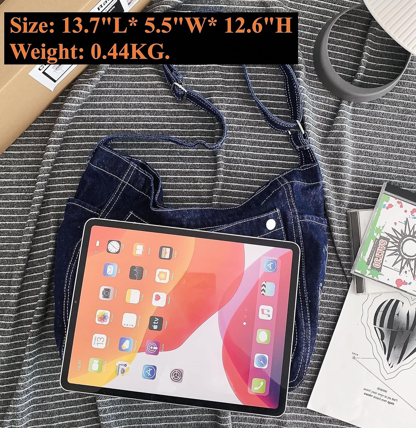 Leaper Denim Tote Bag Denim Shoulder Bag Lightweight Retro Travel Crossbody Hobo Handbag for Women