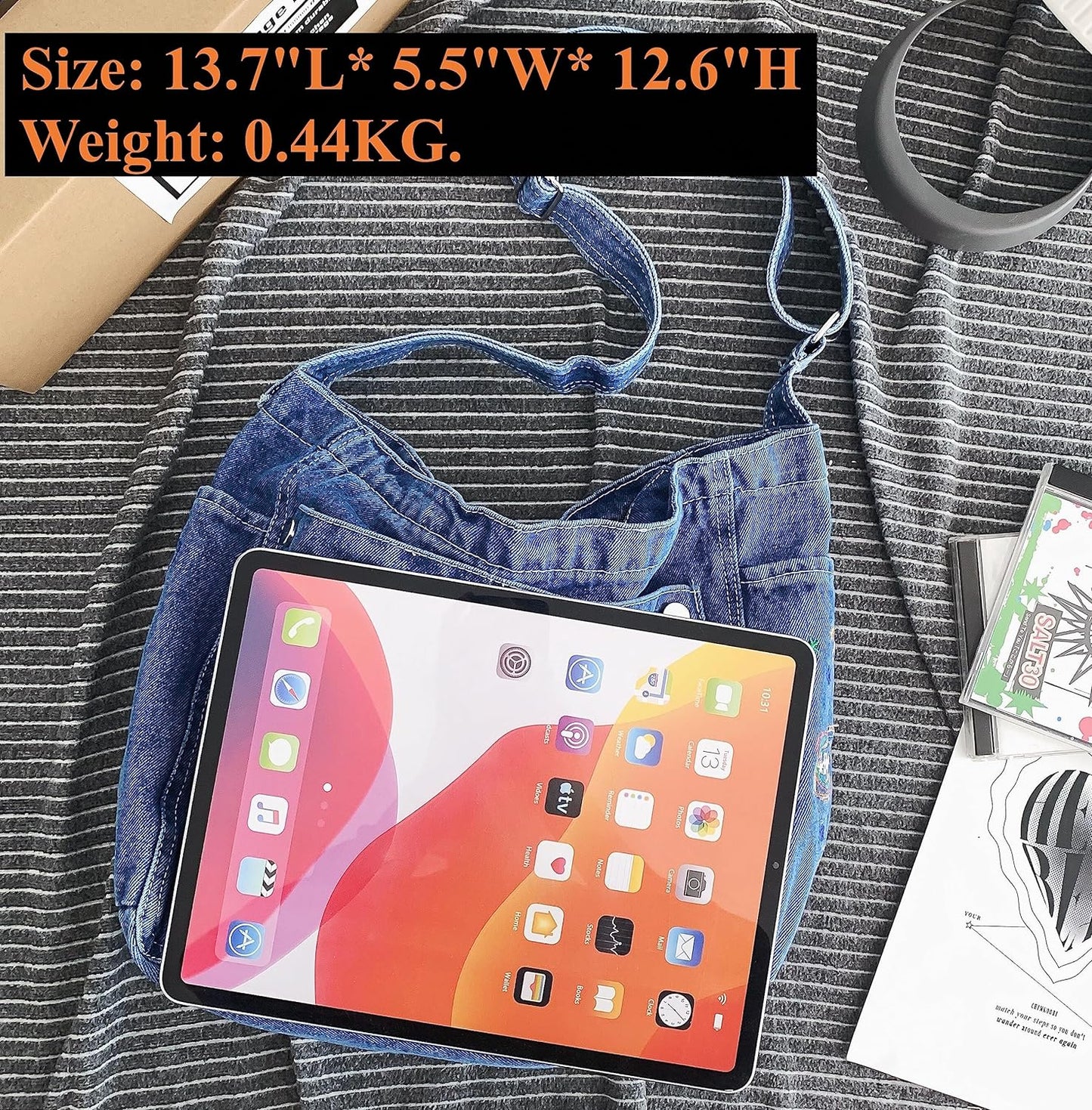 Leaper Denim Tote Bag Denim Shoulder Bag Lightweight Retro Travel Crossbody Hobo Handbag for Women