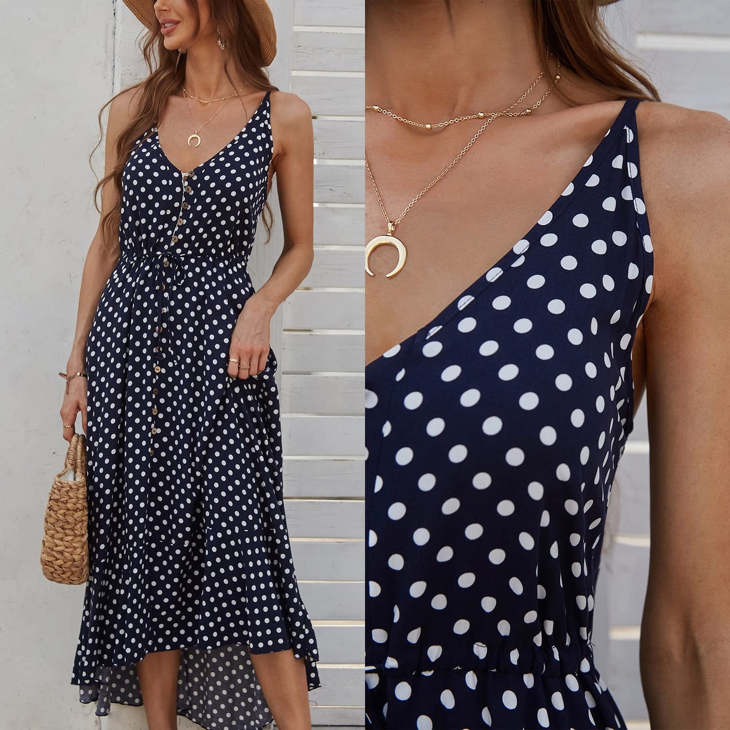 Women's 2026 Summer Casual Boho Sundress Polka Dot Spaghetti Strap V Neck Flowy Midi Dresses
