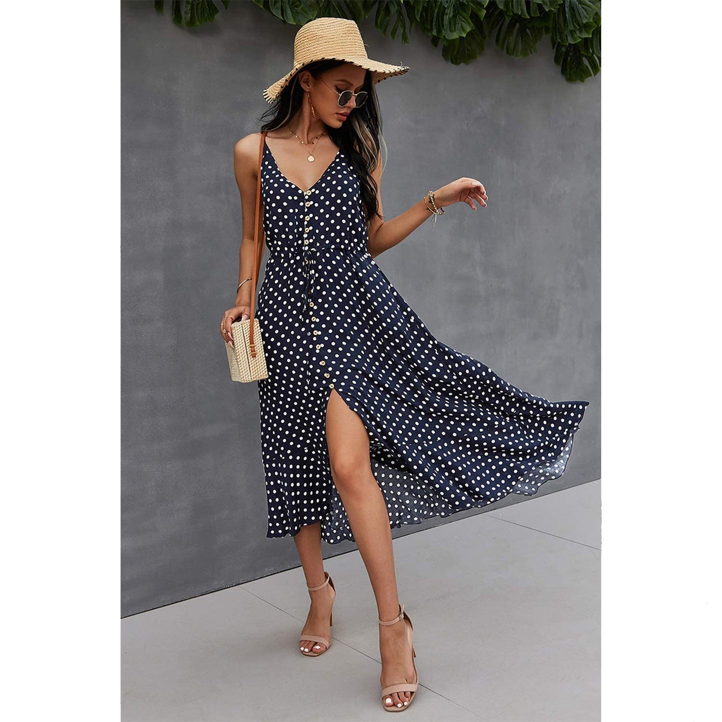 Women's 2026 Summer Casual Boho Sundress Polka Dot Spaghetti Strap V Neck Flowy Midi Dresses