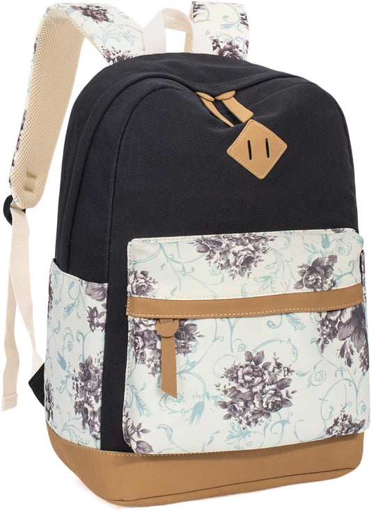 Leaper Girls Cute Floral Canvas Backpack Laptop Backpack Casual Shoulder Bag Satchel Daypack Black